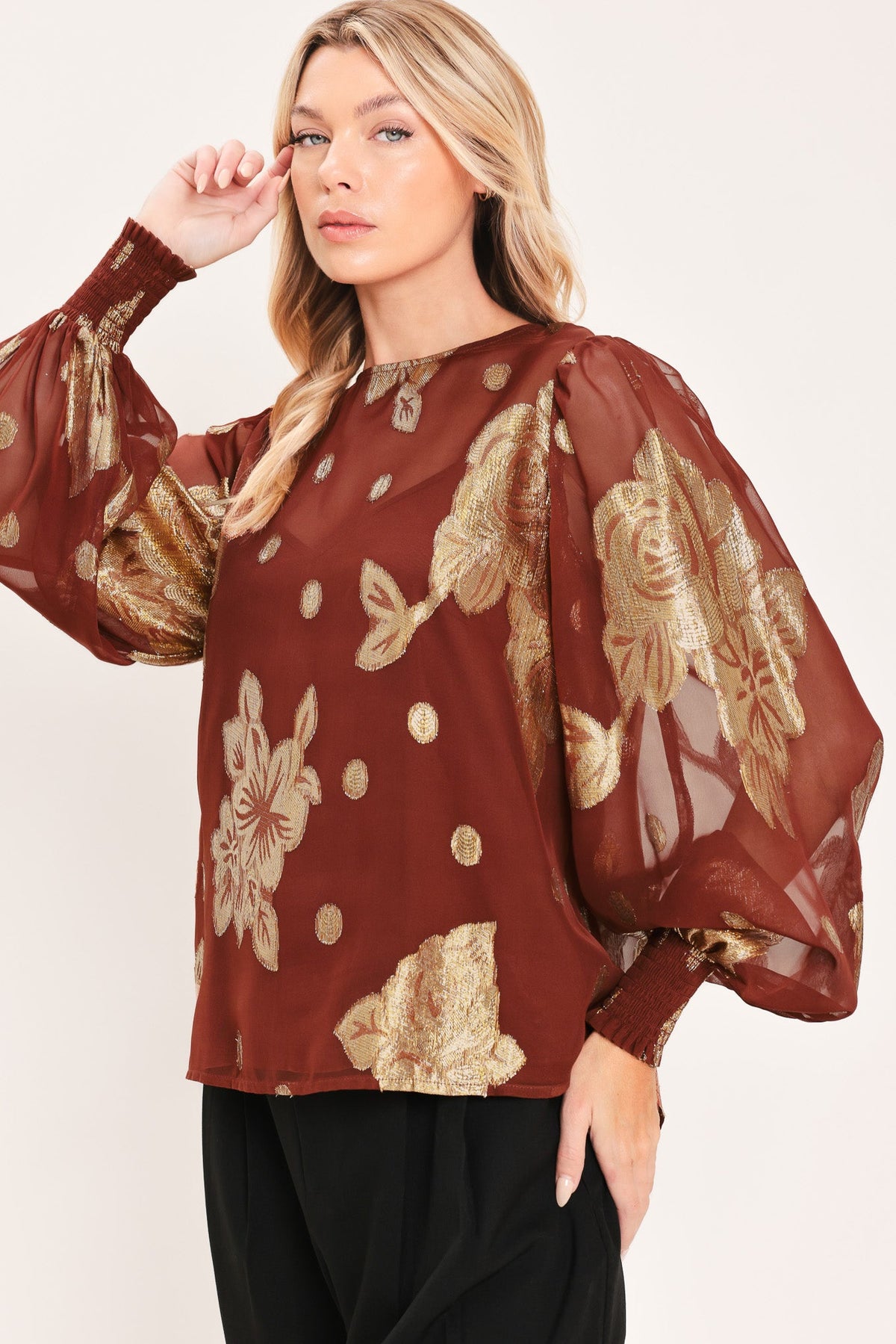 MAHOGANY PETAL SPARK WOVEN TOP