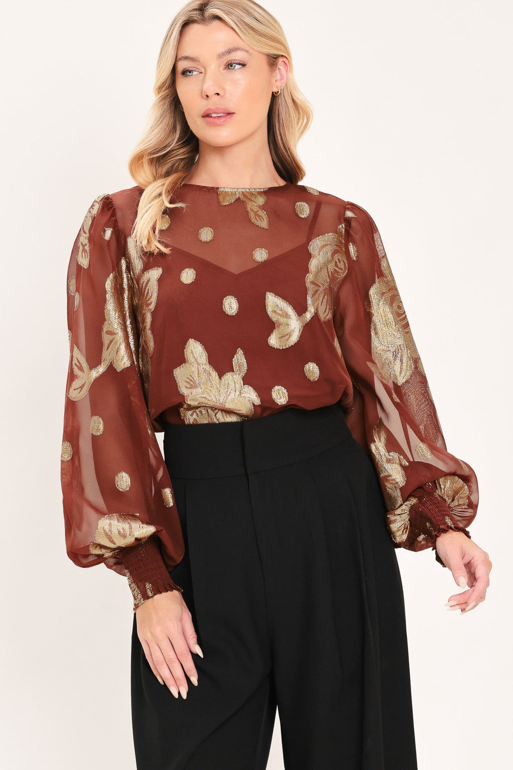 MAHOGANY PETAL SPARK WOVEN TOP