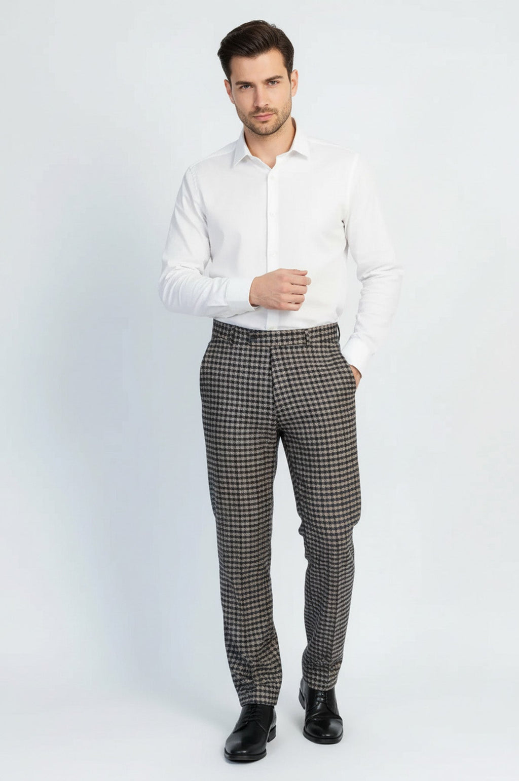 Navy Beige Checkered Fabric Trousers – Wessi