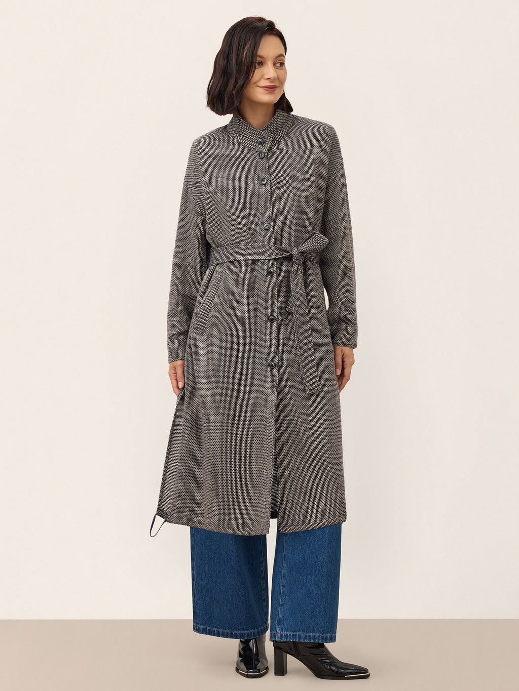Linen Yarn Dyed Check Belted Long Coat BELLADONNA