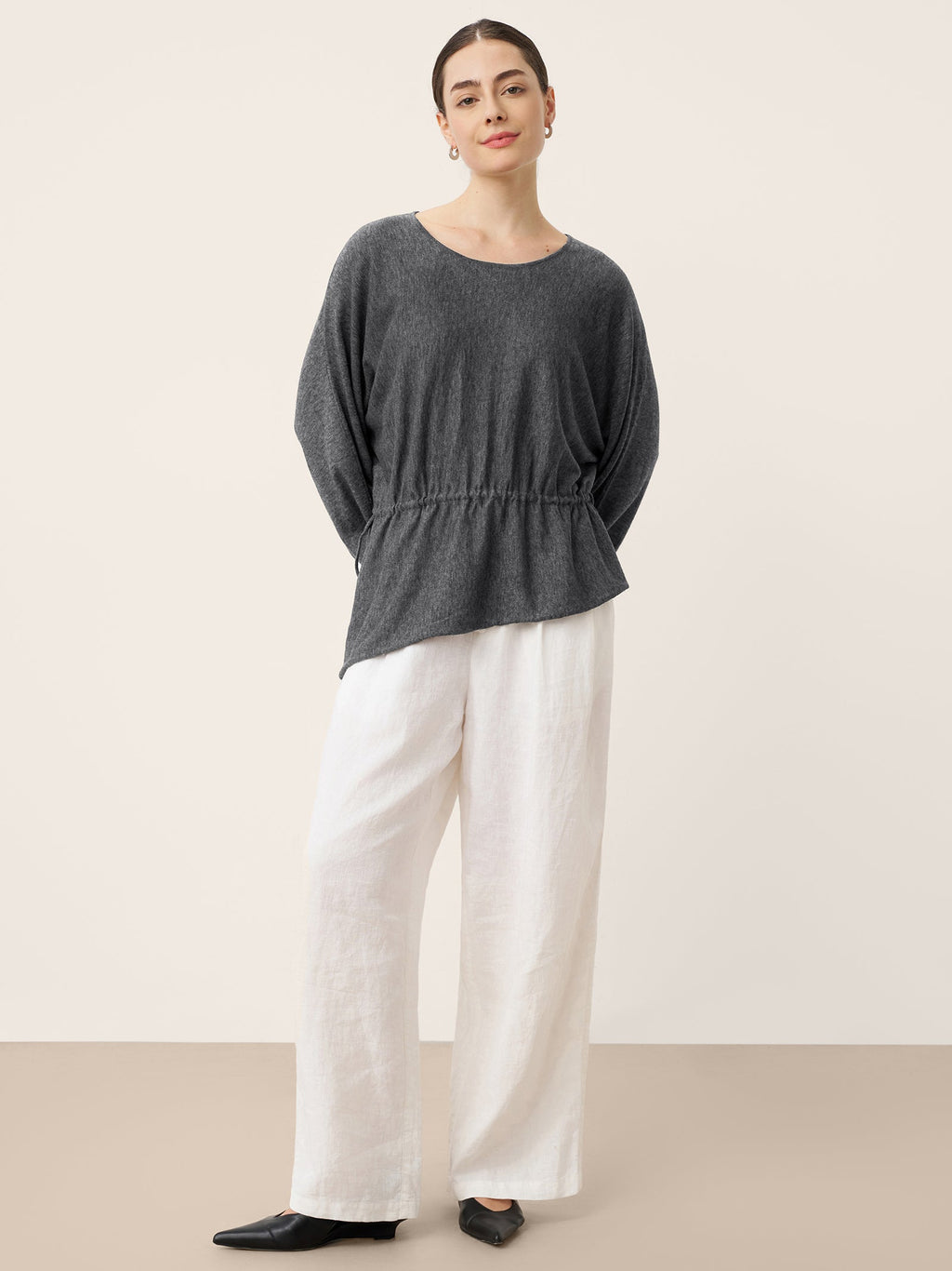 Merino Wool Asymmetric Drawstring Hem Loose Top WREN