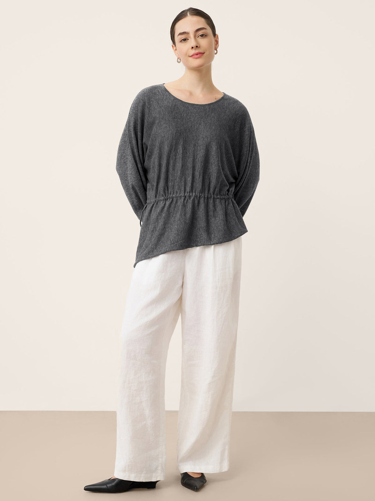 Merino Wool Asymmetric Drawstring Hem Loose Top WREN