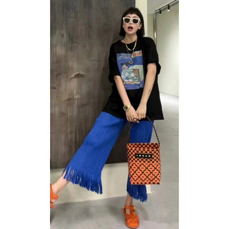 Miyake Pants Women's 2025 Summer New High-end Pleated Blue Loose Slimming Tassel Straight Pants