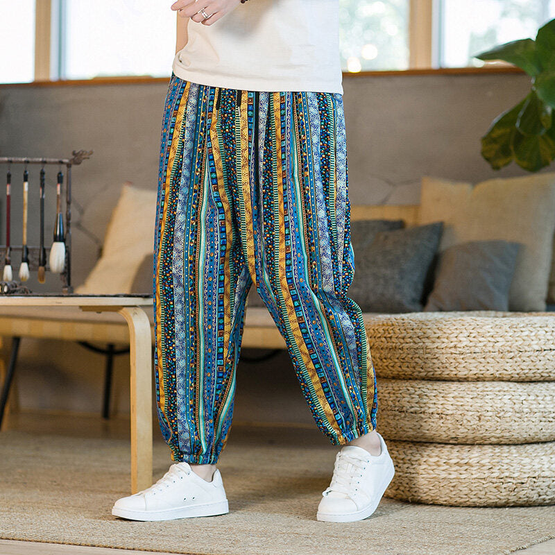 Chinese Style Printed Cropped Pants for Men, Loose Plus Size Carrot Pants, Summer Harem Beach Pants, Ethnic Style Loose Pants