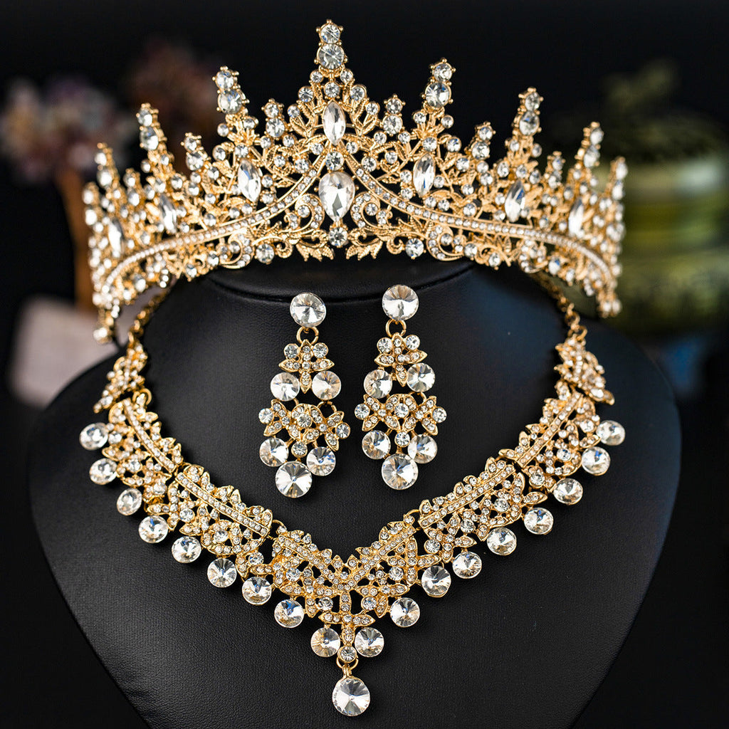 European and American Bride Jewelry Three-piece Suit High-class Dance Wedding Jewelry Alloy Diamond Crown Necklace Earrings suit