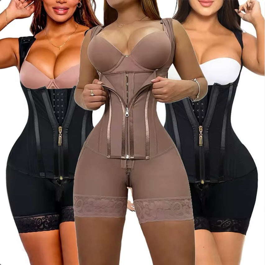 Women’s Waist-Shaping Bodysuit with Zipper and Steel Boning