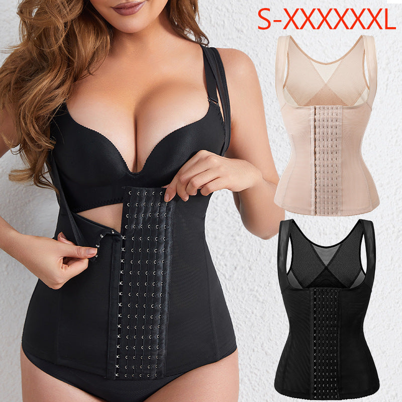 Buttoned Polyester Shaping Top - Black or Apricot, S-3XL