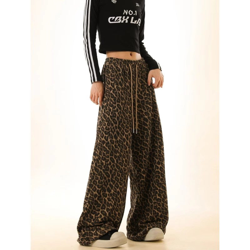 Camouflage Leopard Pants Men's and Women's Staggy Waist Lazy Wide Relaxation Slimming Wide Leg Straight All-match Casual Pants