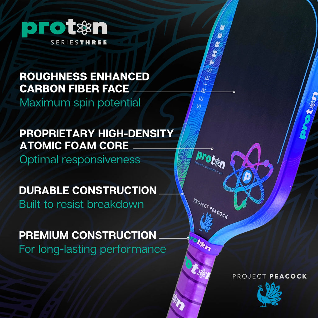Proton Project Peacock 15mm Elongated Black/Jade/Plum Pickleball Paddle & Cover