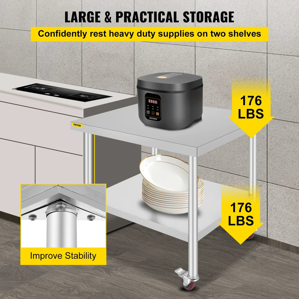 SucceBuy Stainless Steel Prep Table with Adjustable Shelf and Casters