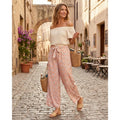 Bohemian Floral Printed Flat Front Boot Cut Breathable Women High Waist Loose Fit Ankle-Length Summer Rayon Belted Pants
