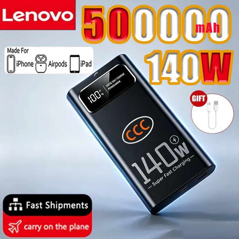 Lenovo 500000mAh High Capacity Power Bank 140W Super Fast Charging Battery Pack LED Digital Display Powerbank For Xiaomi IPhone