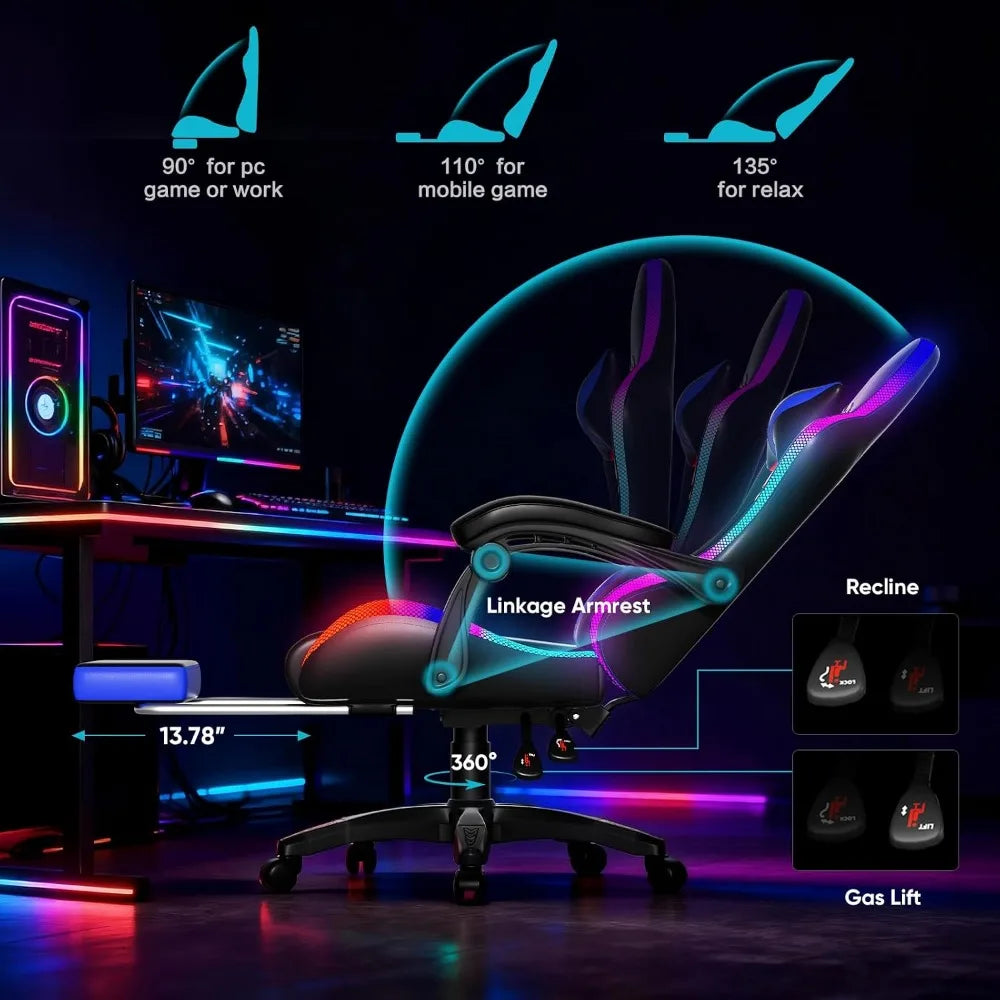 Racing Style RGB LED Gaming Chair with Lumbar Massager and Reclining Features