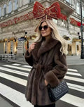 2026 Autumn Winter Women Faux Mink Fur Coat Wrap Lapel Collar Belted Mid Length Jacket Brown