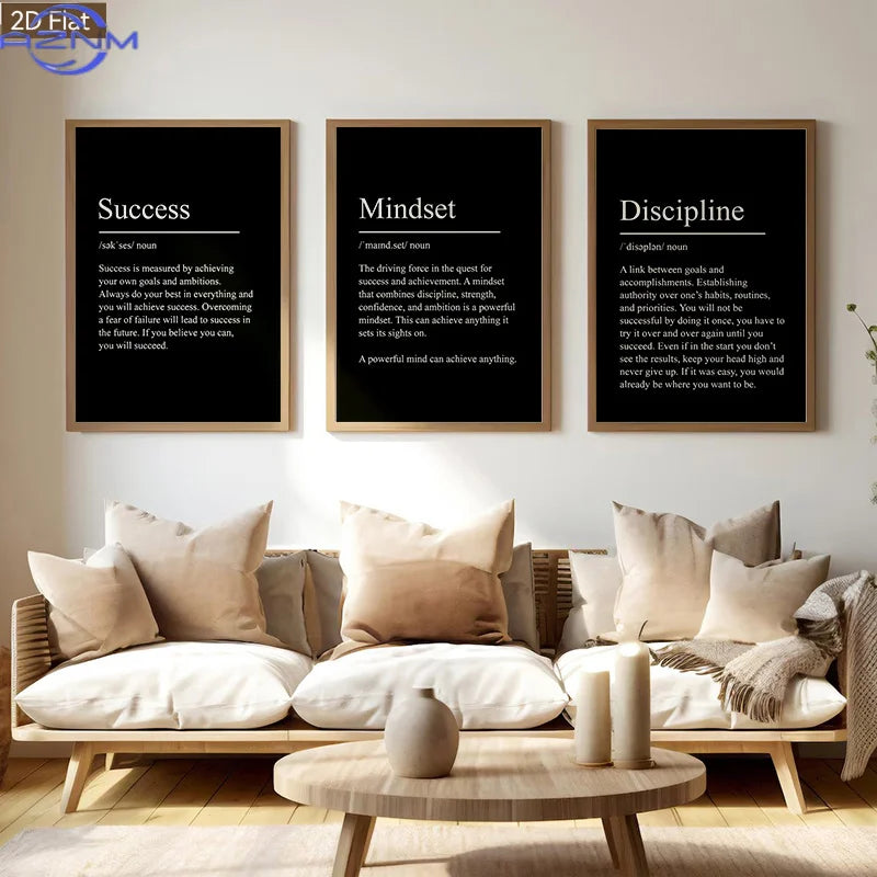 3pcs Motivational Mindset Definition Wall Art, Inspirational Quote Canvas Print for Office Home Decor, Modern Typography Poste