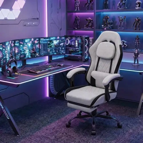 （Local US Inventory）Fabric Gaming Chair for Adults with Footrest and ket Spring Cushion Ergonomic Reclining Computer Chair Grey