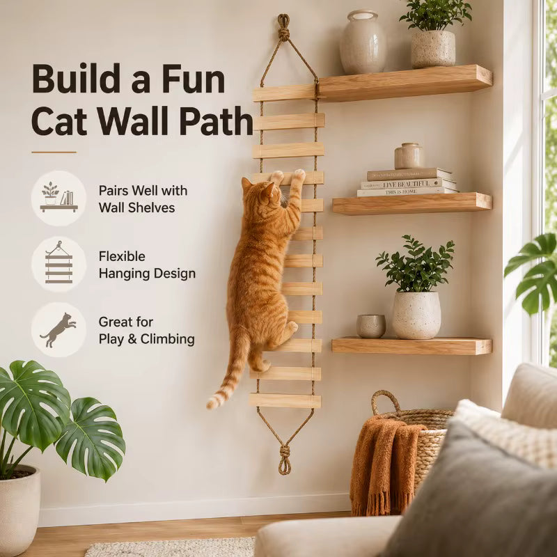 Natural Wood Cat Climbing Ladder Bridge, Flexible Hanging Cat Toy for Wall Path, Shelves, Cat Tree and Condo