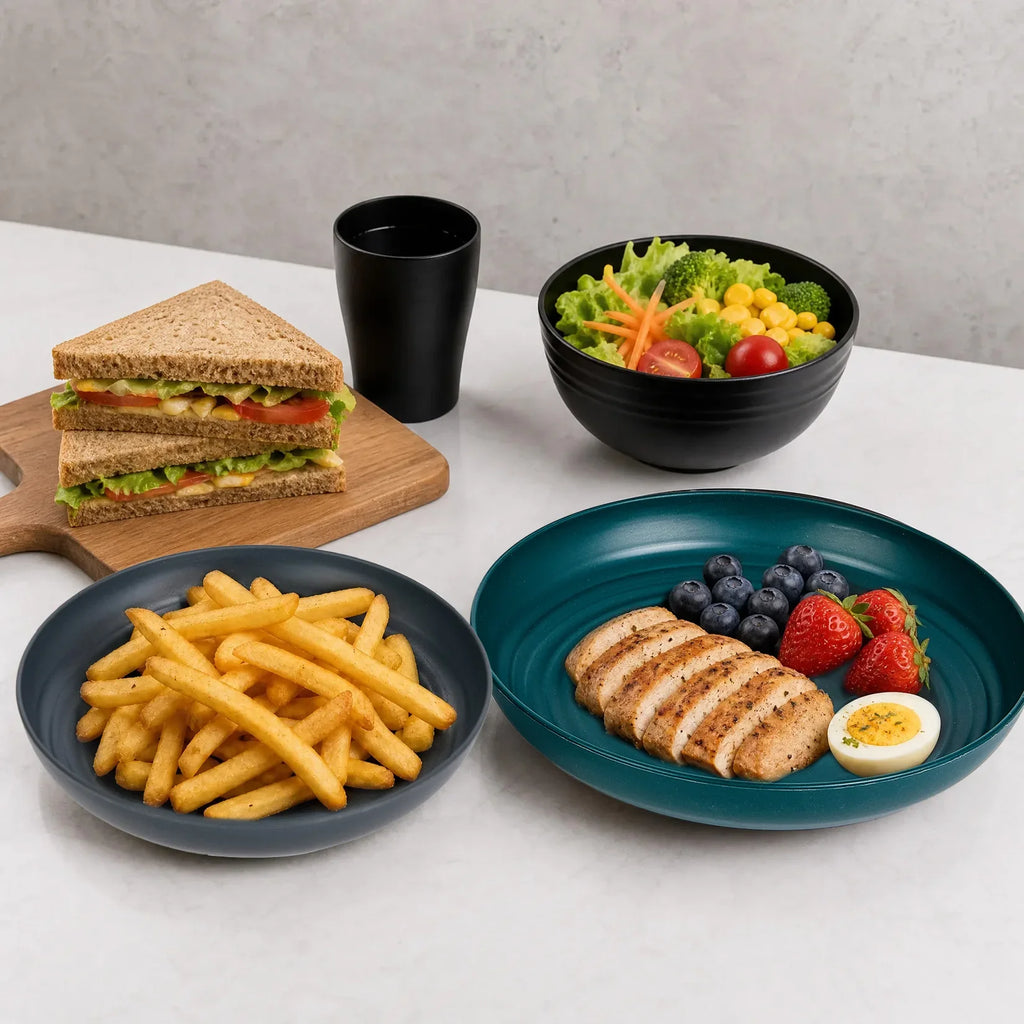 32Pcs Plastic Dinnerware Set Unbreakable Plates Bowls Cups Set  Grain Bowl Microwave Dishwasher Safe Family Camping Tableware