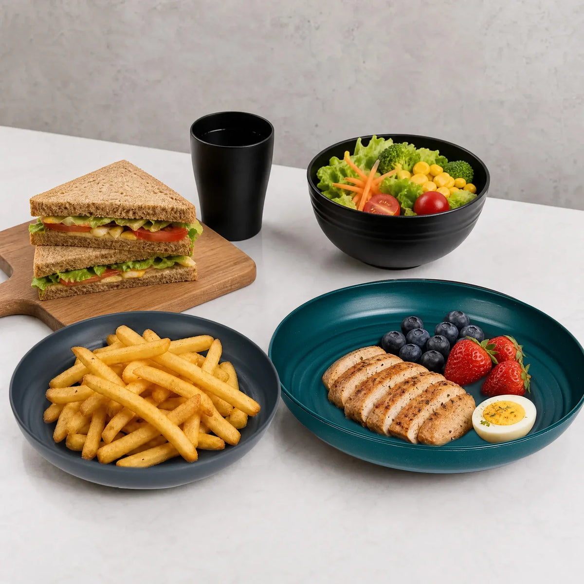32Pcs Plastic Dinnerware Set Unbreakable Plates Bowls Cups Set  Grain Bowl Microwave Dishwasher Safe Family Camping Tableware