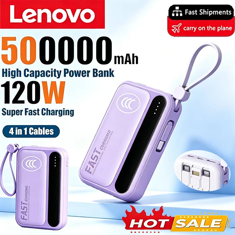 Lenovo 2026New 120W Super Fast Charging 500000mAh 4 In1 Cables Portable Powerbank Power Bank For Iphone Huawei Samsung