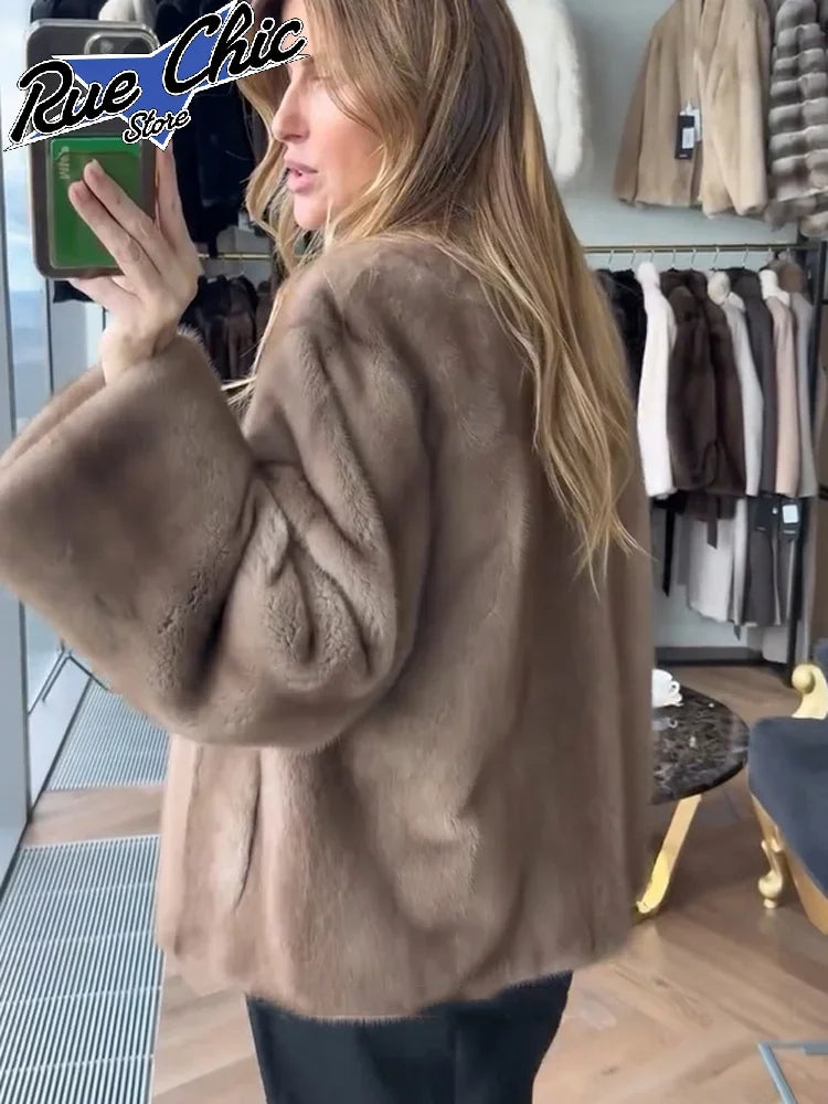 Collarless Long Sleeve Faux Fur Coats Women Brown Open Front Plush Warm Outerwear 2026 Lady Casual Loose Furry Daily Jackets New
