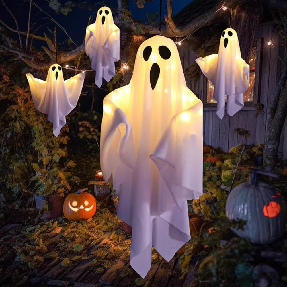 Glowing LED Hanging Ghost Halloween Decoration, White or Orange