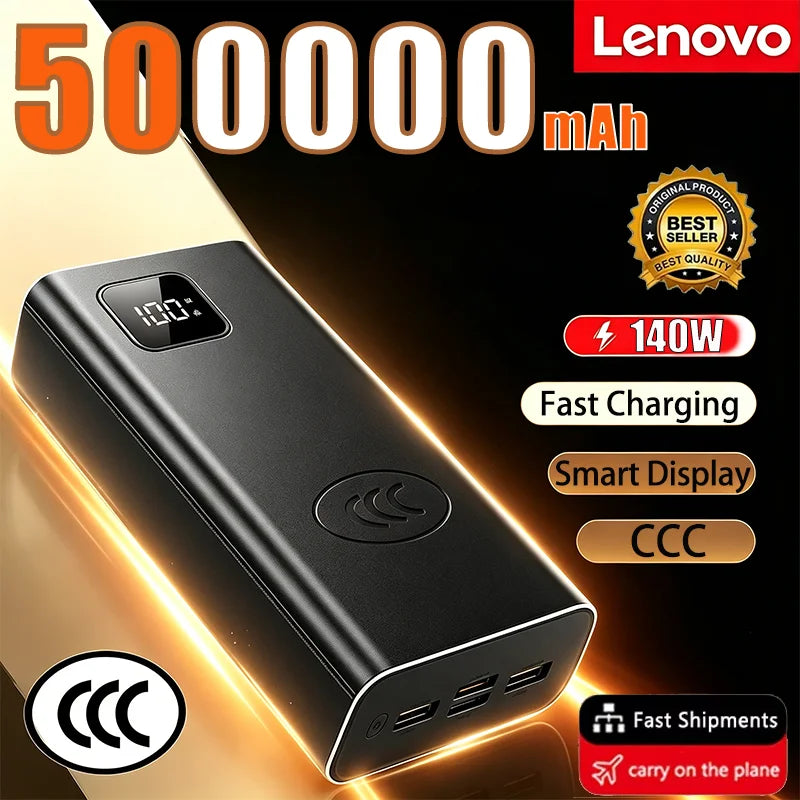 Lenovo 140W Super Fast Charging 2027 CCC Ultra Capacity 500000mAh Portable Charger Power Bank For IPhone Samsung