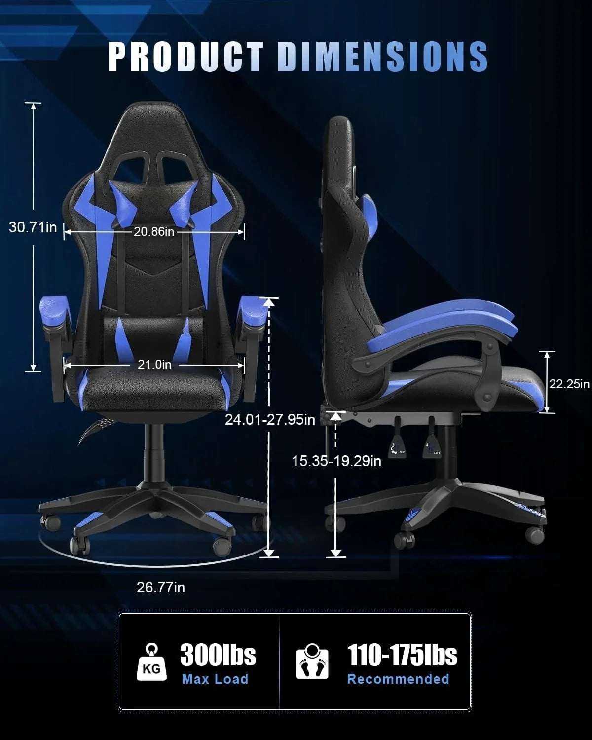 Gaming Chair with RGB LED Lights for Kids & Adults, High Back Ergonomic with Headrest and Lumbar (Black/Blue)