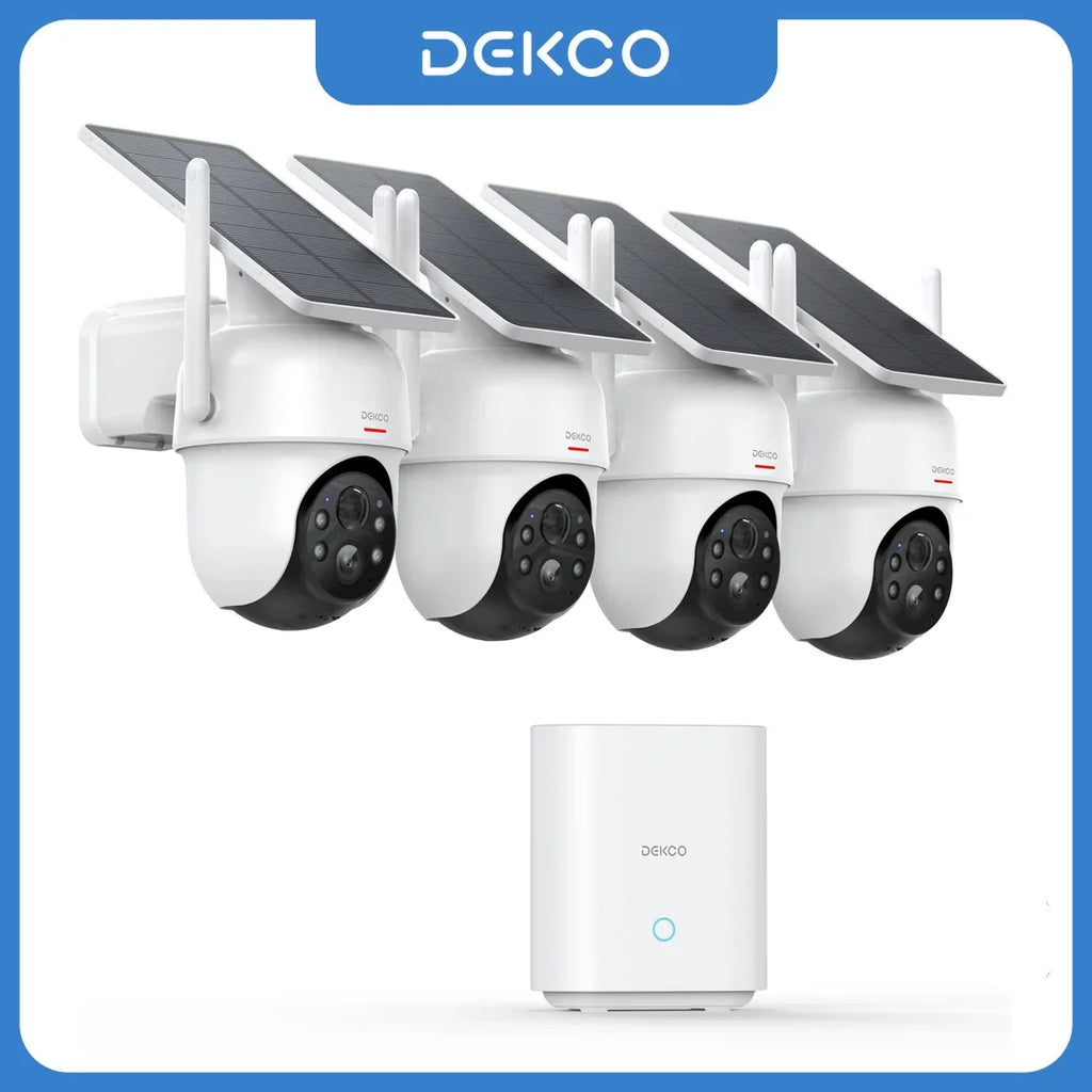 Dekco 4-Camera 3MP Solar Security System with DekcoBase - 5000mAh, 360° PTZ, Auto Tracking, No Subscription, Alexa, US Plug