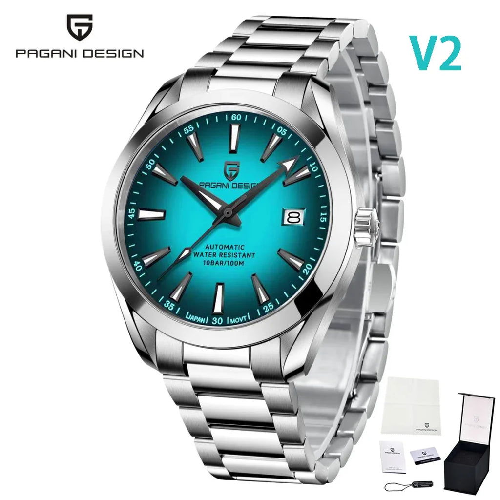 Pagani Design Men Automatic Watch Turquoise Dial Stainless Steel Band Japan Movement 100M Waterproof Luxury Casual Business Wristwatch With Date Display Sapphire Glass Luminous Hands For Men