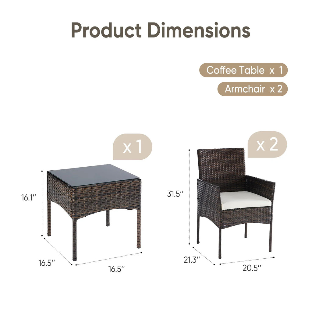 JHK Large Size 3 Pieces Outdoor Patio Furniture Set All-Weather Wicker Bistro Set with Removable Cushions and Glass Table Garden