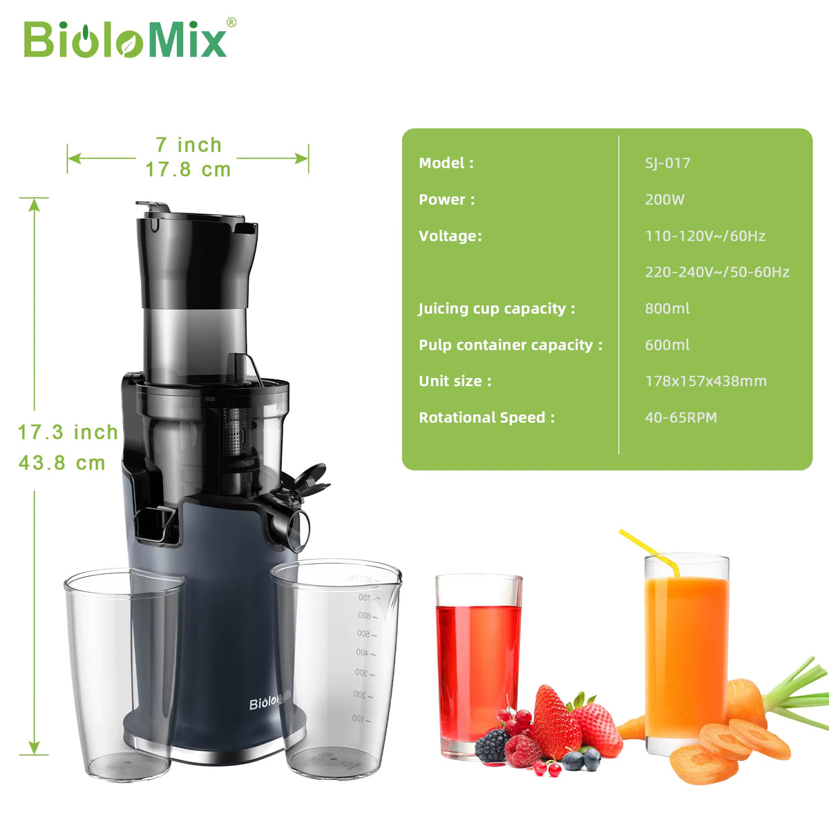 BioloMix SJ-017 200W Cold Press Juicer, 78mm Feed Slot