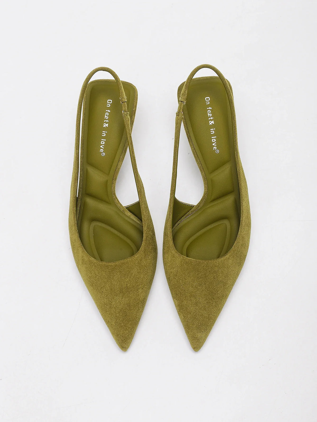 WOMEN OLIVE GREEN FAUX SUEDE SLINGBACK KITTEN HEELS POINTED TOE LOW HEEL PUMPS ELEGANT DRESS PARTY OFFICE SHOES