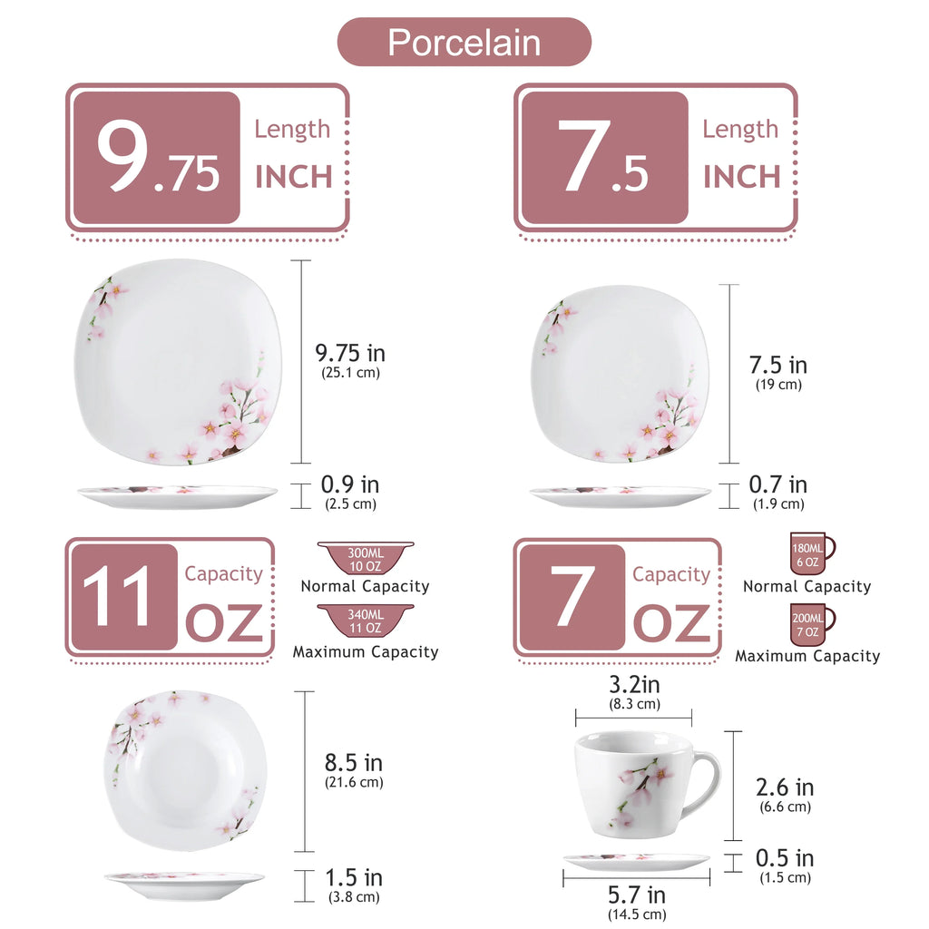 VEWEET ANNIE 30/24/20 Pcs Porcelain Dinnerware Set Pink Floral Plates Dinner Set with Dinner Plate/Dessert/Soup/Cup/Saucer