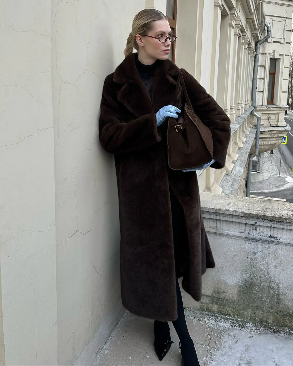 Women Elegant Solid Color Faux Fur Long Coat Notched Collar Belted Waist Loose Oversized Warm Winter Street Thick Outerwears New