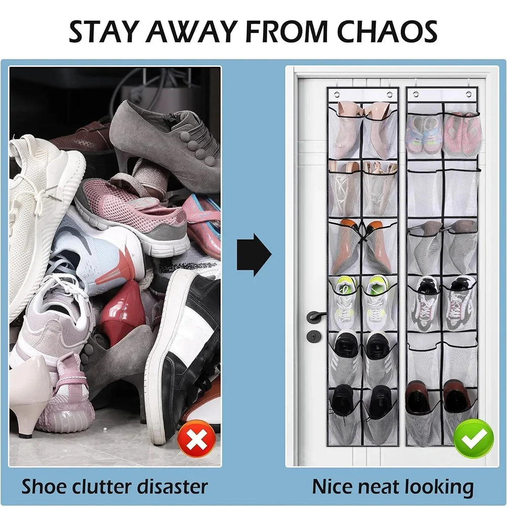 12 Pockets Over the Door Shoe Organizer Large Mesh Pockets With 2 Hooks Transparent Fabric Shoe Rack Storage Bag For Bedroom