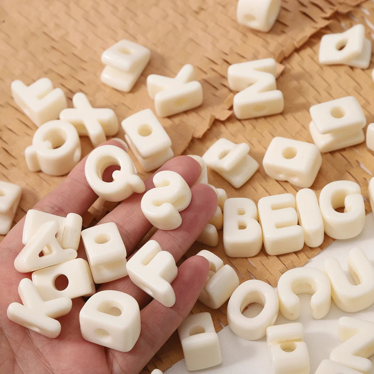 20pcs Beige Acrylic Large Hole Letter Loose Beads DIY Necklace Bracelet Mobile Phone Chain Bag Pendant Jewelry Accessories