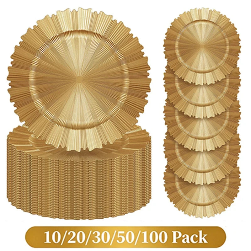 100/50/30/20/10 Pack Gold Charger Plates Luxury Set for Wedding Table Dinner Birthday Party Reception Banquet Holiday Home Decor