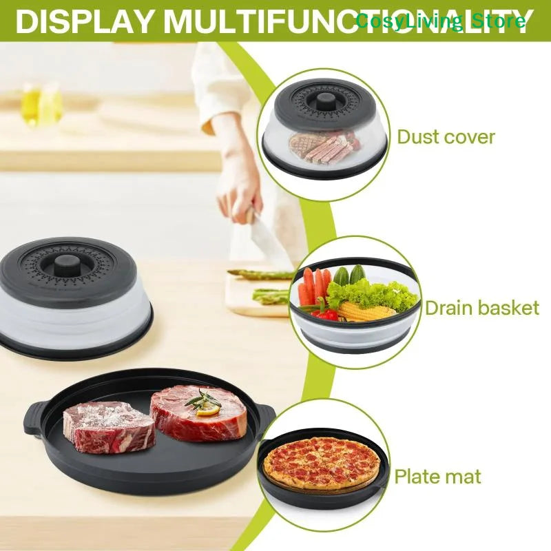 [CL]Multifunction Foldable Microwave Food Splatter Cover Splash Collapsible Guard Kitchen Gadget Colander For Meal Steaming Tray