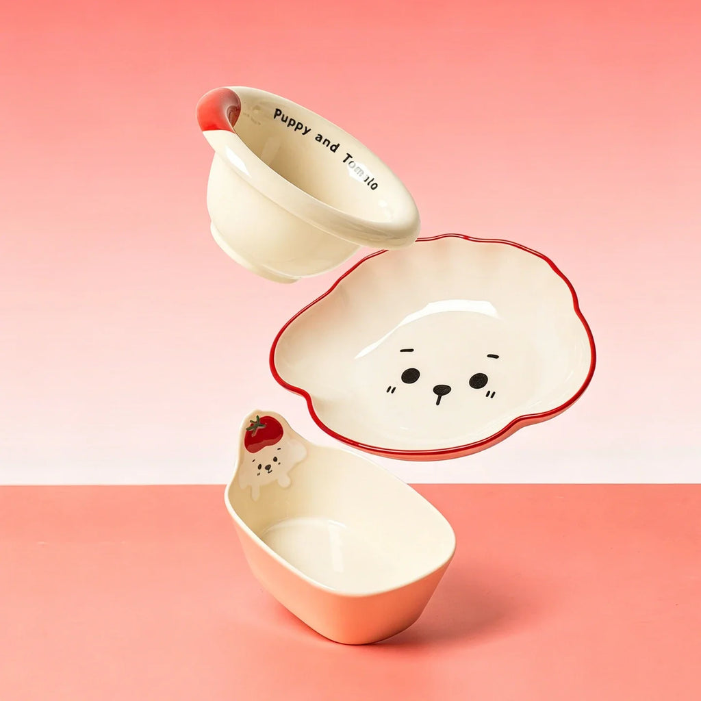 SHUNXIANG Tomato Puppy Ceramic Tableware Set Cute Cartoon Print Plates Soup Bowl Salad Pasta Microwave Safe Kitchen Dinnerware