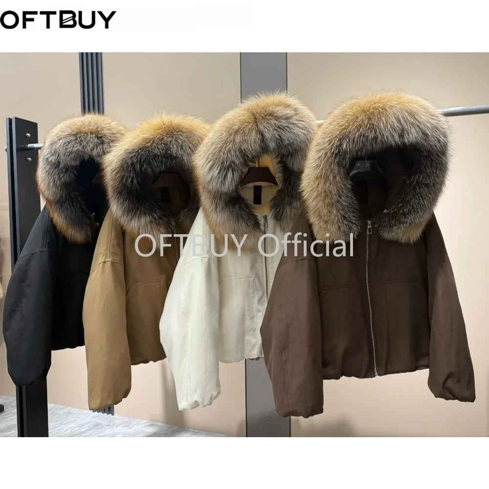 OFTBUY Real Fox Fur Collar Goose Down Jacket Women Cropped Hooded Coat Winter Warm Zipper Natural Fox Fur Thick Outerwear