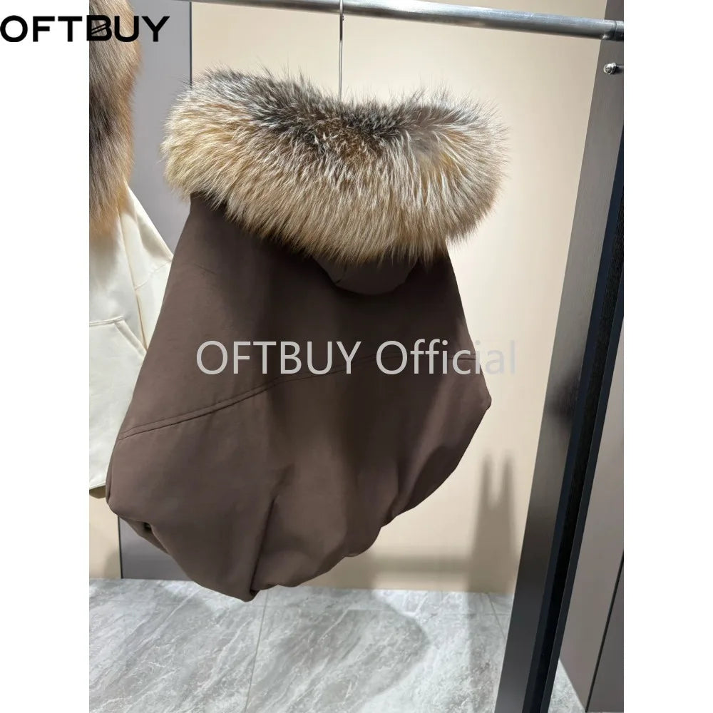 OFTBUY Real Fox Fur Collar Goose Down Jacket Women Cropped Hooded Coat Winter Warm Zipper Natural Fox Fur Thick Outerwear