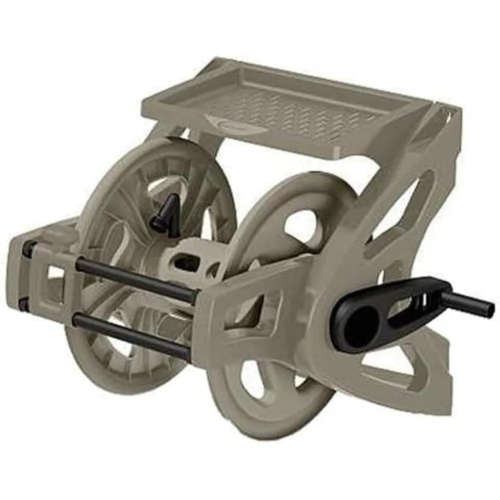 Suncast Light Taupe Wall-Mounted Hose Reel Holds 175 ft 5/8" Vinyl Hose Resin Organizer Slide Trak Guide Accessory Tray Garden
