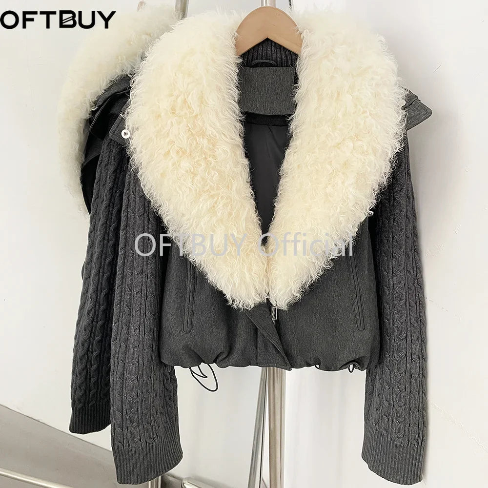 OFTBUY Women Winter Real Lamb Wool Fur Collar 90 White Duck Down Jacket Cable Knit Sleeve Zipper Drawstring Cropped Coat