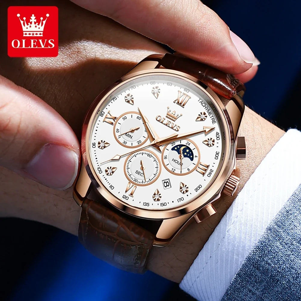 OLEVS 2888 Men's Business Quartz Watch - Leather Strap, Moon Phase, Chronograph and Luminous Hands, 30m Water Resistant