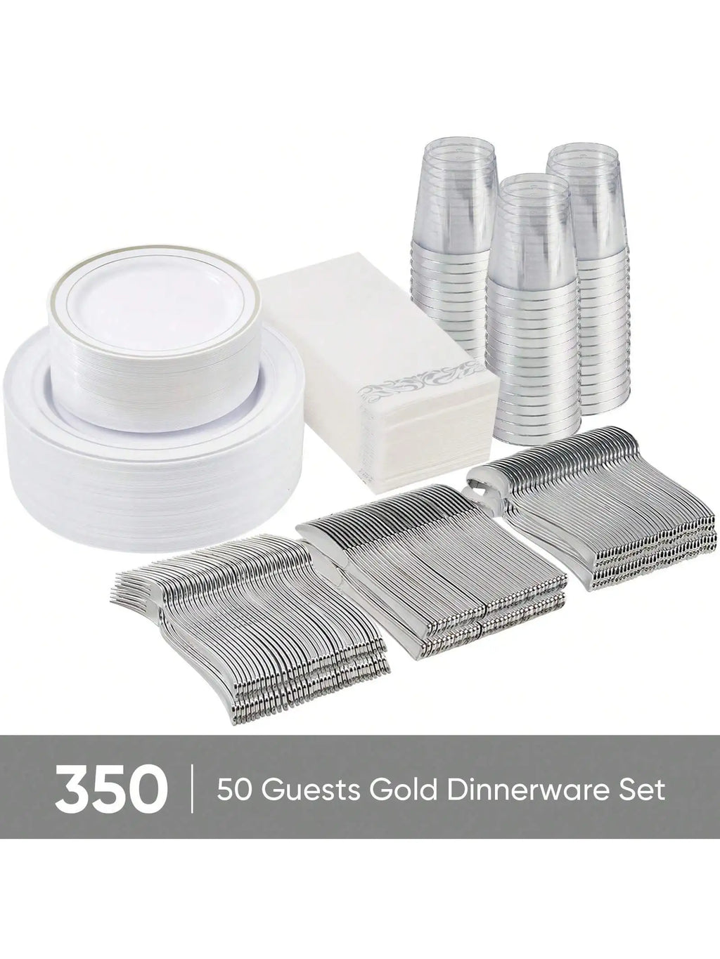 Disposable Dinnerware Set Elegant Luxury White Gold Rim Plastic Plates Gold Cutlery Cups Napkins 350 Pcs Serves 50 Guests Heavy Duty Party Tableware Set For Wedding Birthday Party Catering Showe