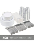 Disposable Dinnerware Set Elegant Luxury White Gold Rim Plastic Plates Gold Cutlery Cups Napkins 350 Pcs Serves 50 Guests Heavy Duty Party Tableware Set For Wedding Birthday Party Catering Showe