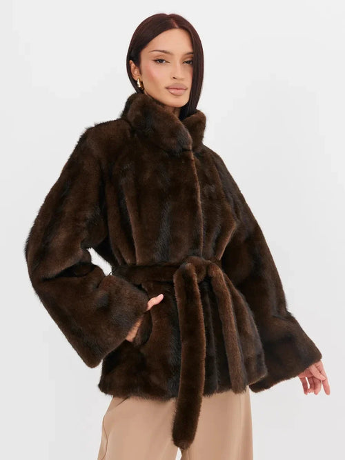 2026 Autumn Winter Women Faux Mink Fur Coat Lapel Collar Belted Long Jacket Luxury Fluffy Outerwear Brown
