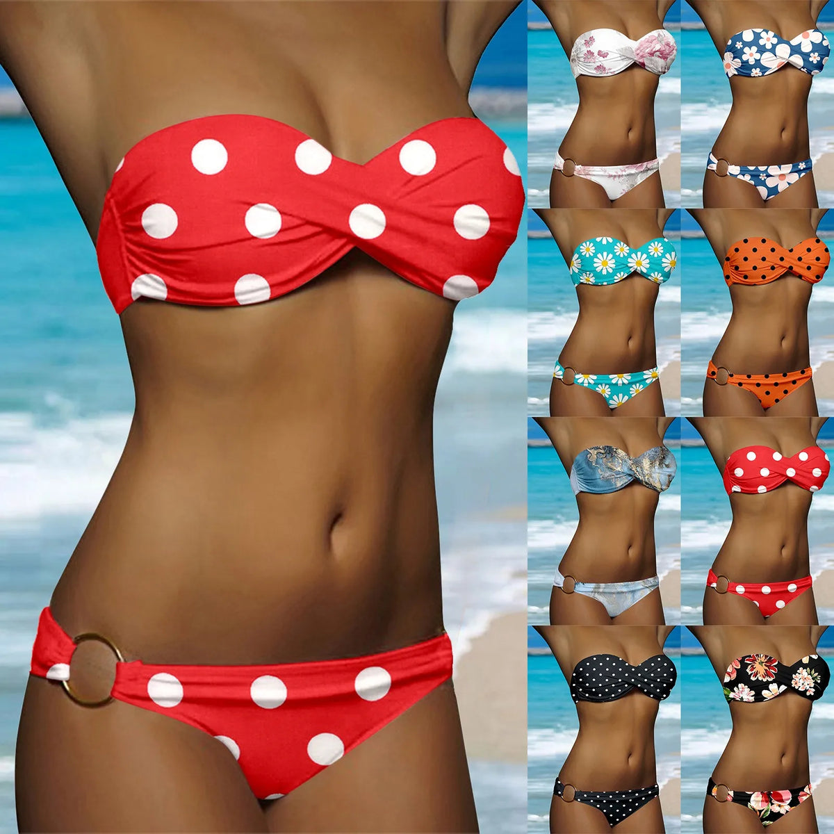 Ruched Push-Up Bikini Set - 2-Piece Swimsuit with Removable Padding, Fully Lined, 8 Colours, Sizes S to XL
