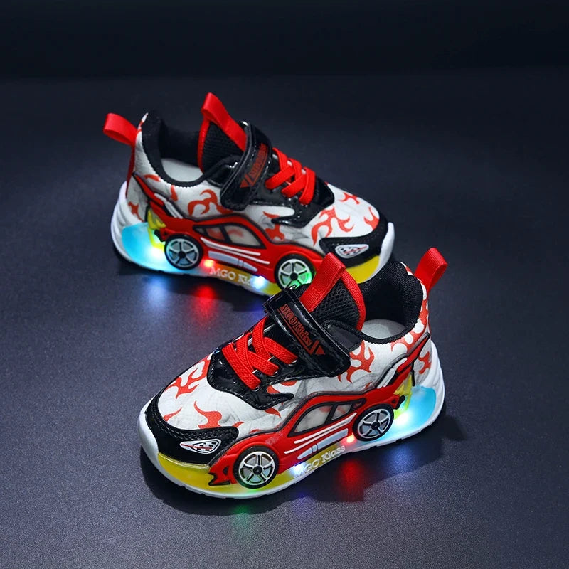 Mgo Kidss New Spring and Autumn Children's Car-Themed Boys' Sneakers, Cartoon Light-Up Shoes for Kids, Boys' Glowing Running Shoes for Ages 1-3-6, Led Light-Up Shoes, Lightweight Boys' Shoes, Light-Up Sneakers, Christmas/Hall